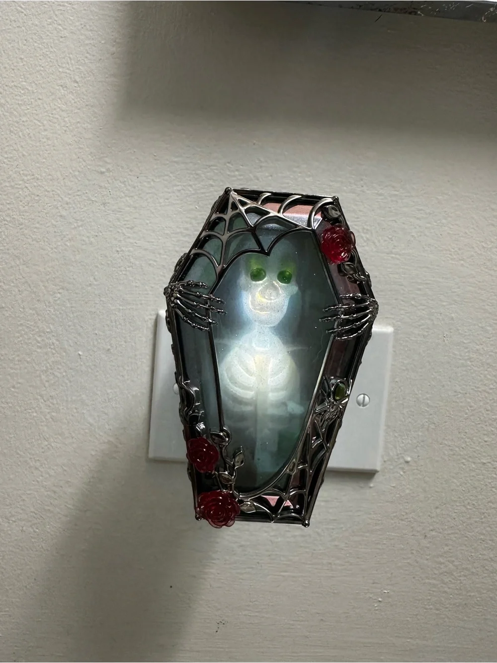Skeleton Coffin Wallflower Night Light with Red Rose Accents